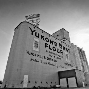 Black and white image of the Yukon Mill landscape in the morning.